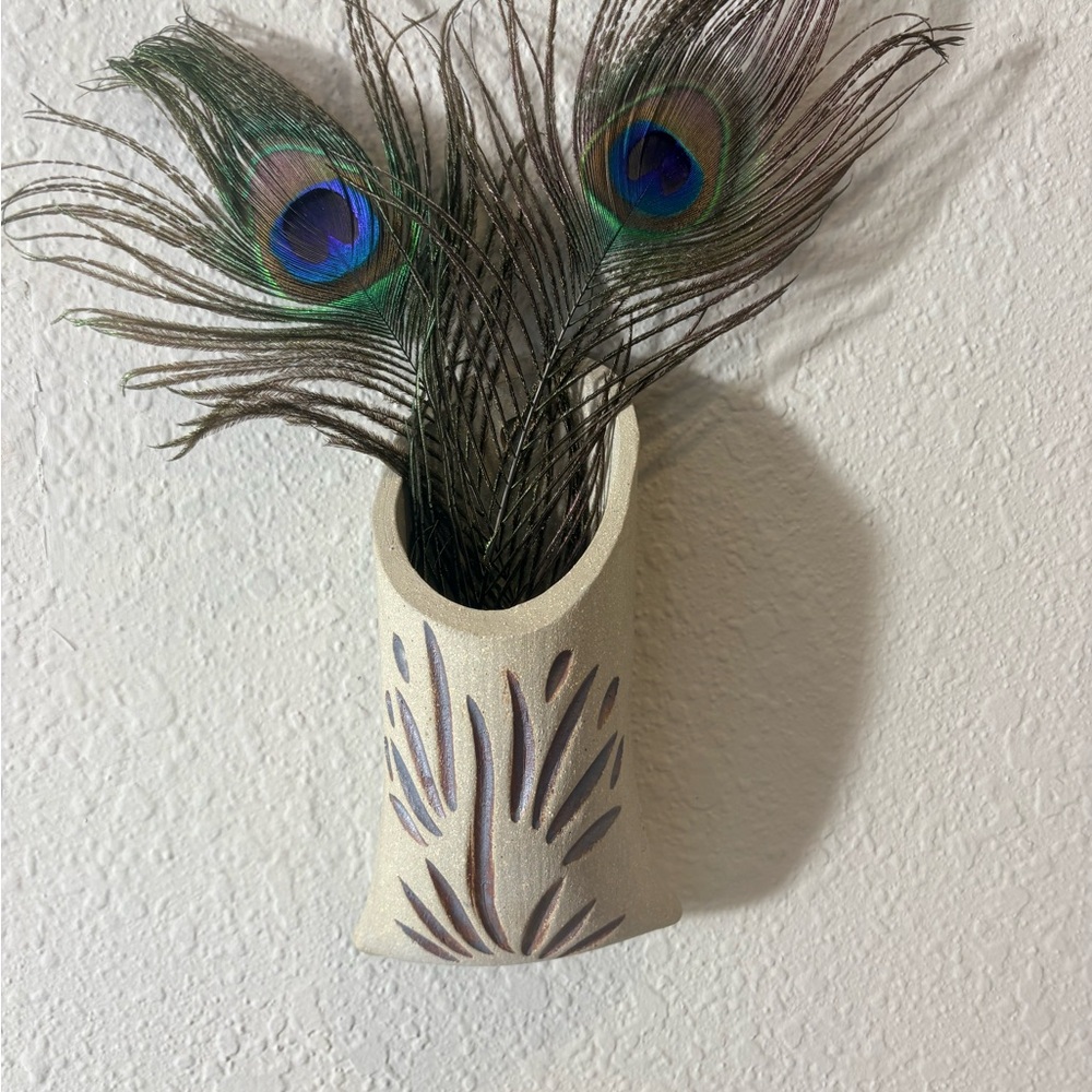 Ceramic Wall Vase with Peacock Feathers